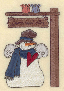 Embroidery Design: Snowman with sign Snow Angel Alley3.73"w X 5.48"h