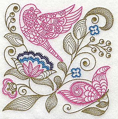 Embroidery Design: Jacobean bird and flowers C 4.81w X 4.88h