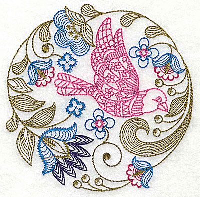 Embroidery Design: Jacobean bird and flowers G 4.88w X 4.88h