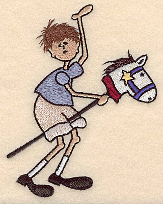 Embroidery Design: Boy on toy horse large 3.61"w X 4.99"h