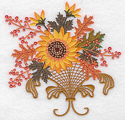 Embroidery Design: Sunflower berries leaves and vase 4.96w X 4.97h