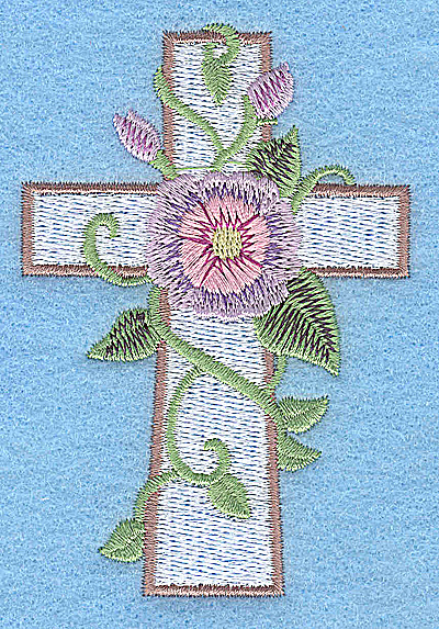 Embroidery Design: Cross with mave and pink flower small 2.56w X 3.78h