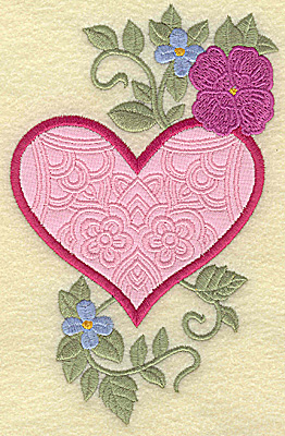 Embroidery Design: Heart applique and flowers H large 6.00w X 3.87h