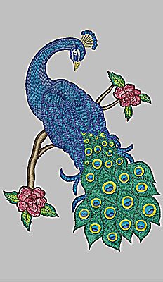 Embroidery Design: Peacock and floral branch 10.70w X 7.62h