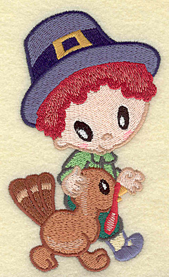 Embroidery Design: Pilgrim boy walking with turkey large 2.88w X 4.93h