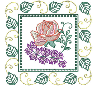 Embroidery Design: Rose And Campanula In Leaf Frame Lg 7.01w X 7.01h