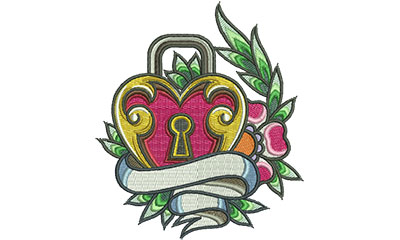 Embroidery Design: Heart Lock Banner 4.48w X 5.13h