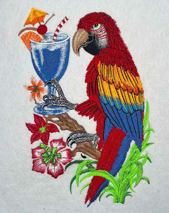 parrot with drink embroidery design