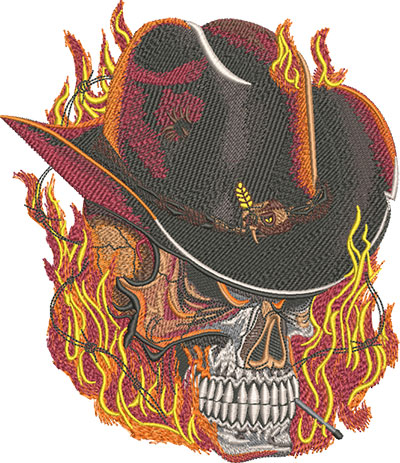 flaming cowboy skull embroidery design