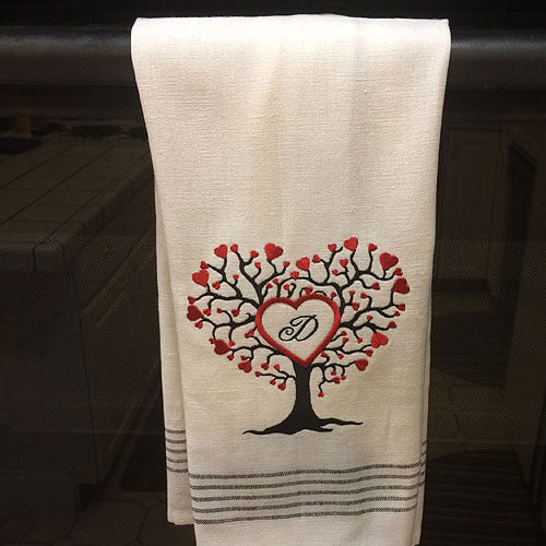 heart tree embroidery design on towel