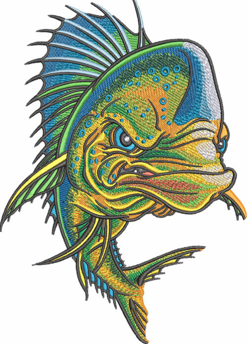 angry mahi mahi embroidery design