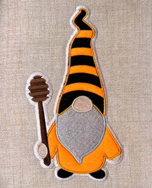 gnome with honey stirrer embroidery design