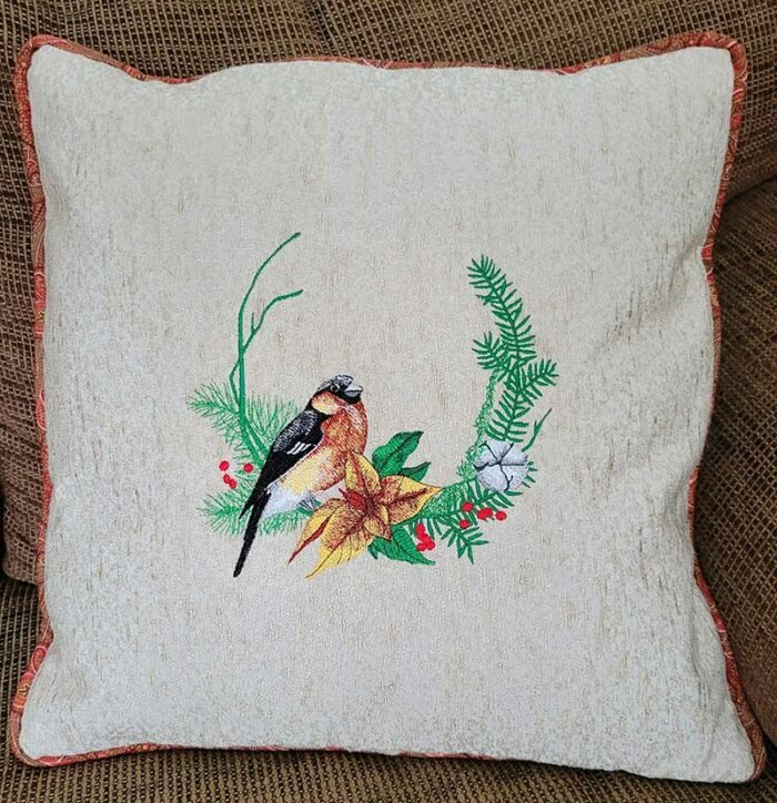 bullfinch wreath cushion