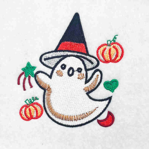 ghost with witches hat embroidery design